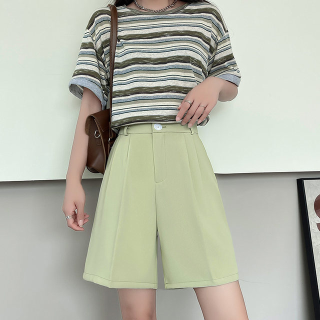 Khaki color suit shorts Women in summer thin waist, thin waist, thin loose straight straight leisure mid -pants wide -leg pants pants