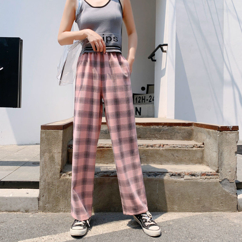 格子阔腿裤垂感夏季薄款拖地直筒 伊索芙休闲裤