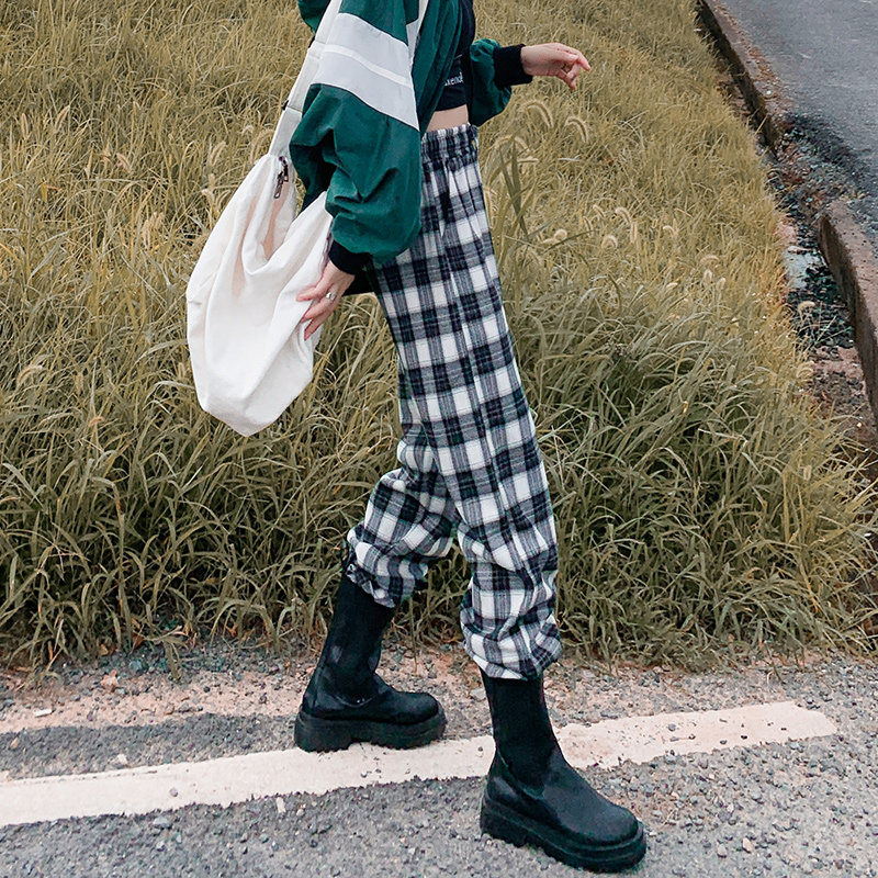 绿色格子宽松直筒2020秋季新款裤 伊索芙休闲裤