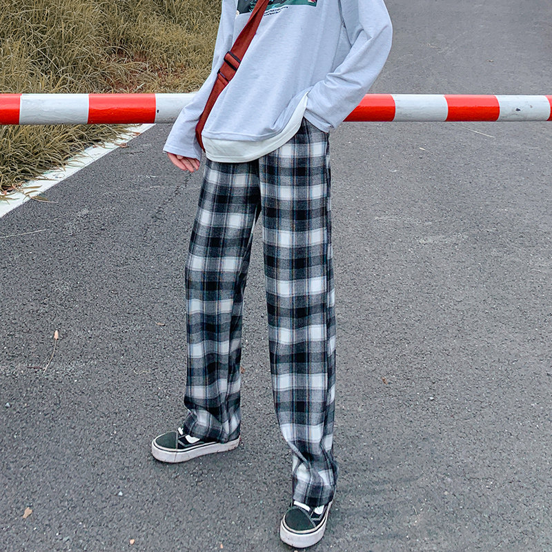 紫色格子裤2020秋季新款宽松长裤 伊索芙休闲裤