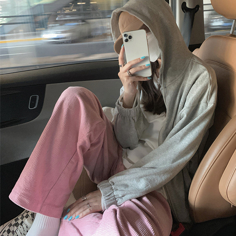 粉色灯芯绒裤子女秋冬季新款阔腿裤 伊索芙休闲裤