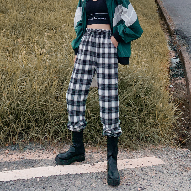 绿色格子宽松直筒2020秋季新款裤 伊索芙休闲裤