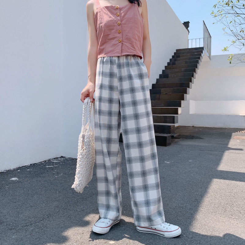 格子阔腿裤垂感夏季薄款拖地直筒 伊索芙休闲裤