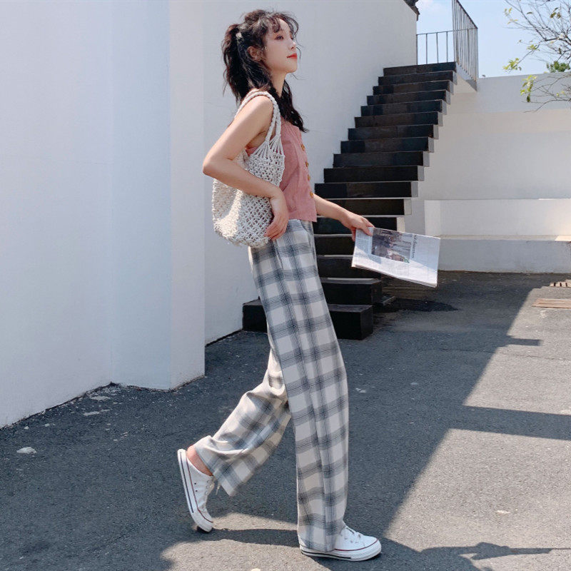 格子阔腿裤垂感夏季薄款拖地直筒 伊索芙休闲裤