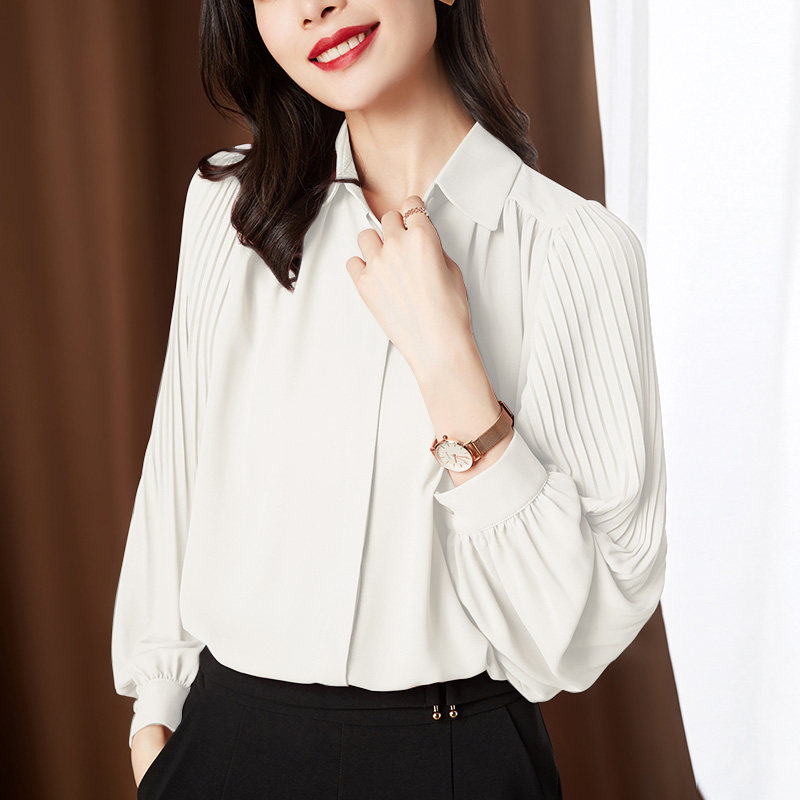 粉色春秋季职业雪纺长袖百褶衬衫 古朵诗衬衫