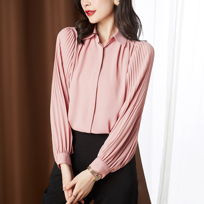 粉色春秋季职业雪纺长袖百褶衬衫 古朵诗衬衫