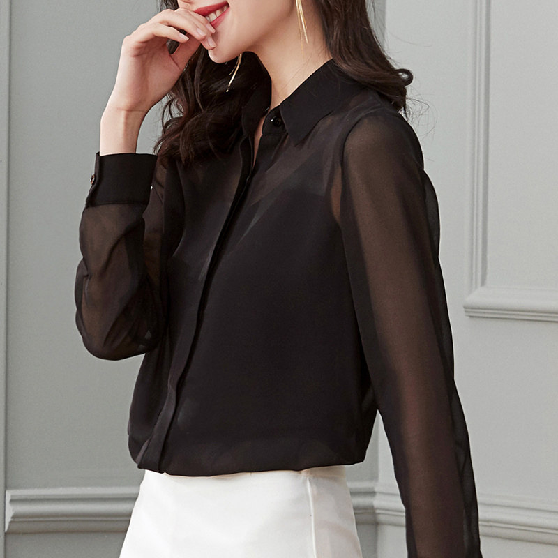 女士职业装雪纺长袖洋气黑色衬衫 古朵诗衬衫