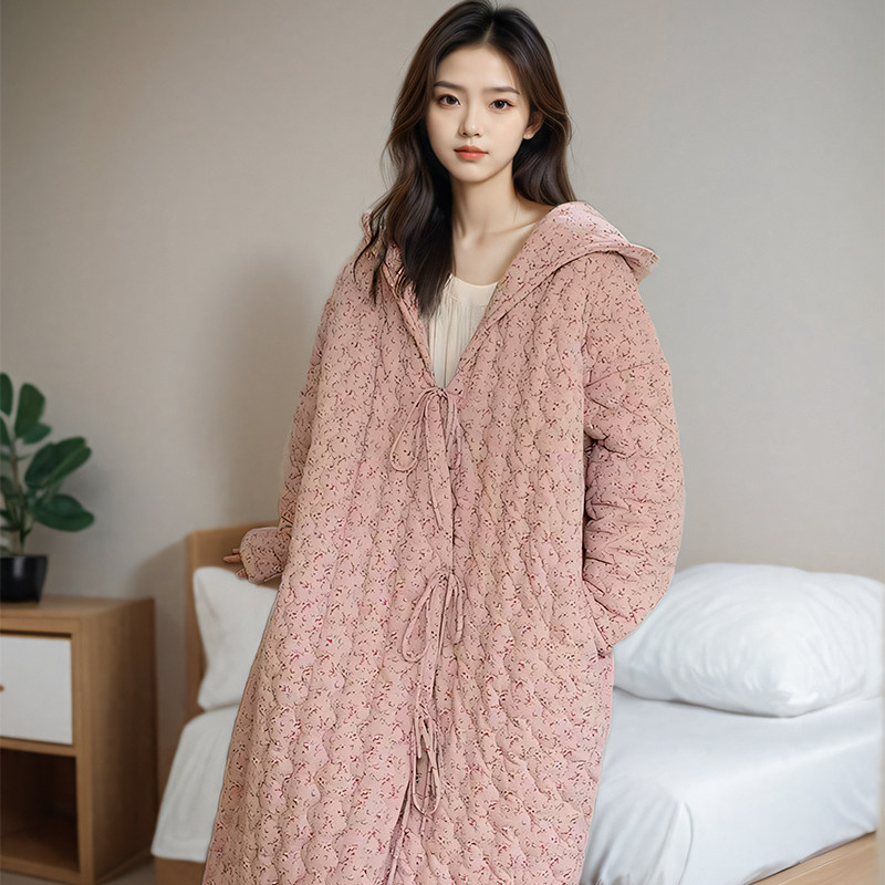 夹棉袄睡袍女秋冬季长袖三层加厚小碎花珊瑚绒连帽保暖睡衣法兰绒,淘宝优惠券,粉丝福利购,淘宝优惠卷