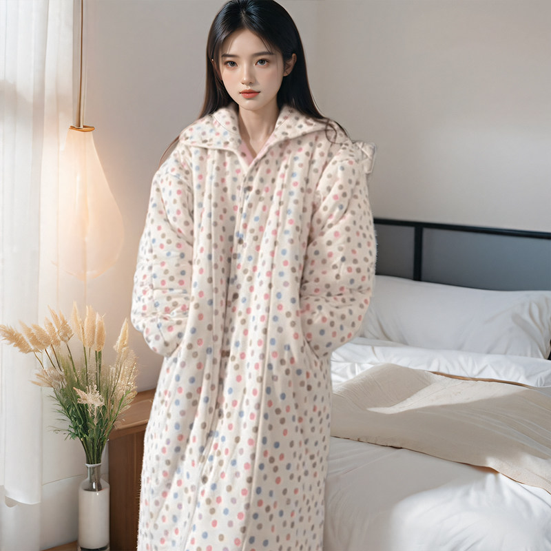 网红风波点空气棉女士睡衣秋冬款加绒加厚家居服中长款睡袍可外穿,淘宝优惠券,粉丝福利购,淘宝优惠卷
