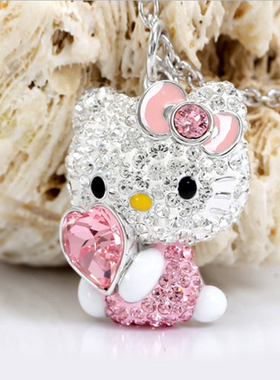 水晶纯银项链儿童生日礼物kt猫