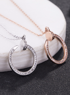 纯银钉子几何形欧美满钻吊坠项链