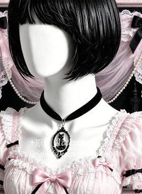 樱落自制亚文化小黑猫绒带项链lolita哥特甜酷少女项圈