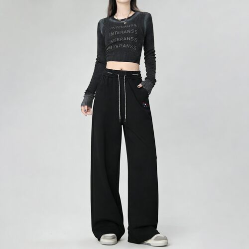 『娜娜粉丝专享』春夏百搭刺绣弯刀阔腿裤高腰显瘦镰刀裤休闲裤 - 图1