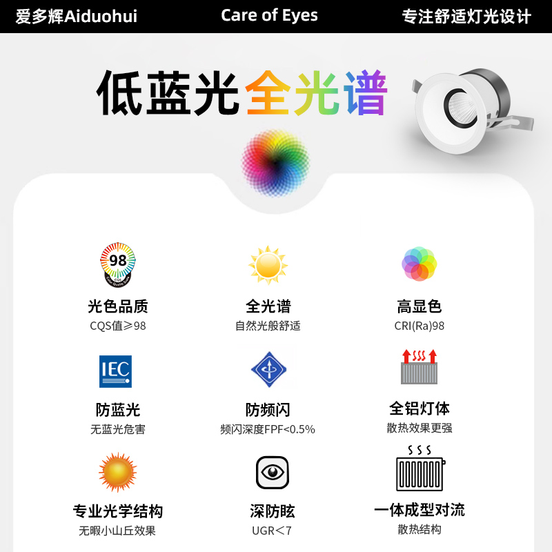 爱多辉护眼射灯小山丘led天花灯嵌入式家用筒灯cob客厅无主灯7550 - 图0