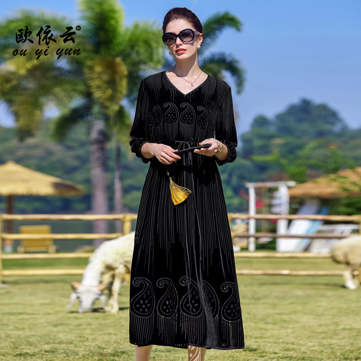 欧依云中年妈妈秋装桑蚕丝长裙子显瘦洋气系绳收腰连衣裙2025新款,淘宝优惠券,粉丝福利购,淘宝优惠卷