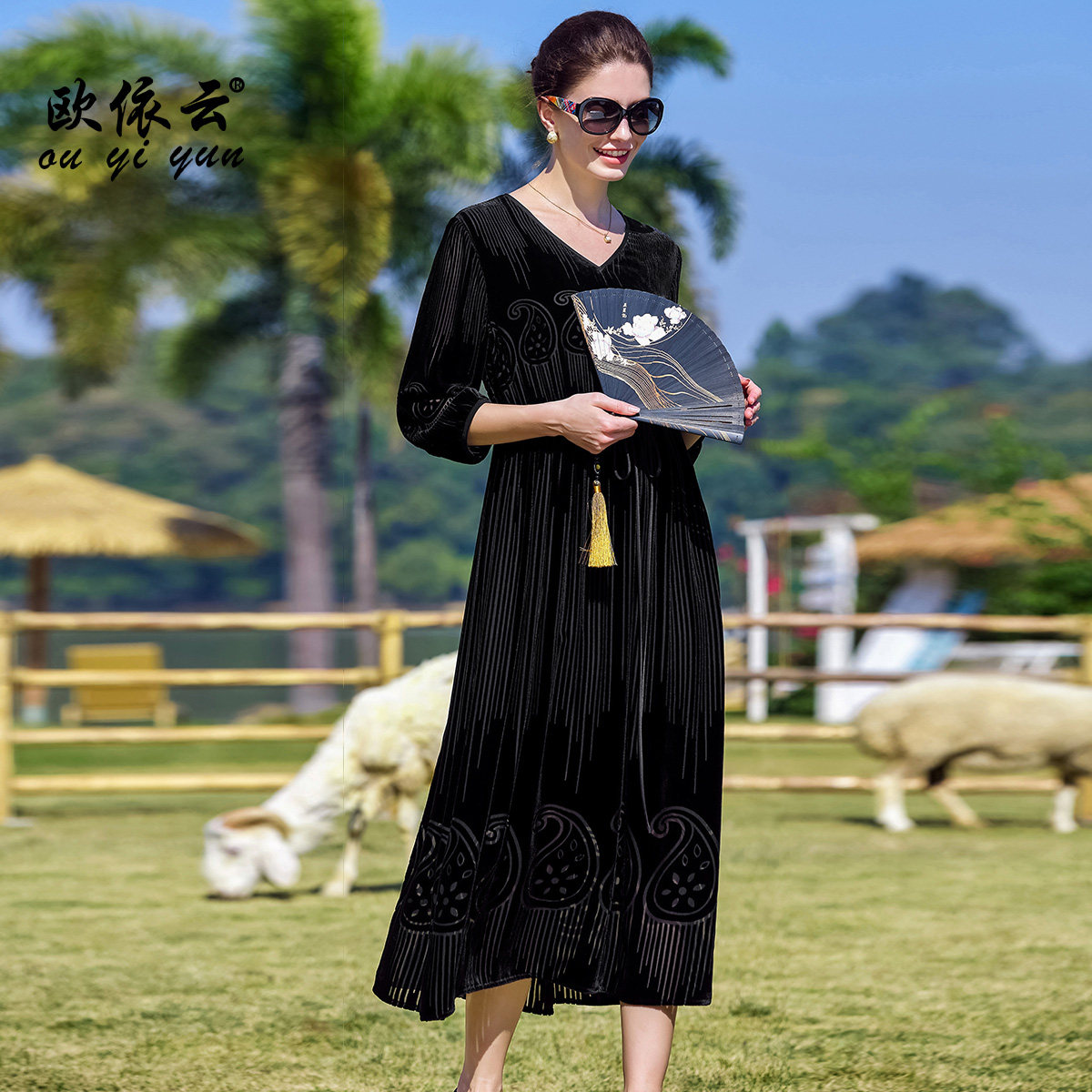 欧依云中年妈妈秋装桑蚕丝长裙子显瘦洋气系绳收腰连衣裙2025新款,淘宝优惠券,粉丝福利购,淘宝优惠卷