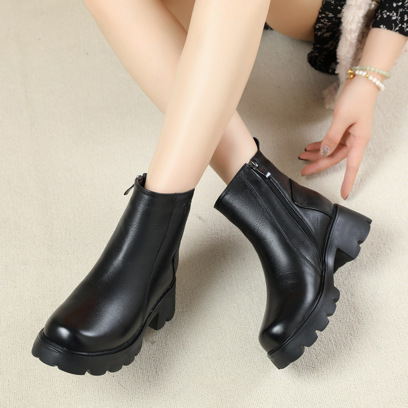 真皮软底短靴圆头粗跟瘦瘦靴小码英伦风厚底马丁靴加绒保暖女靴子,淘宝优惠券,粉丝福利购,淘宝优惠卷
