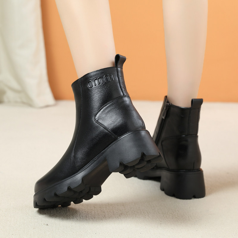 真皮软底短靴圆头粗跟瘦瘦靴小码英伦风厚底马丁靴加绒保暖女靴子,淘宝优惠券,粉丝福利购,淘宝优惠卷