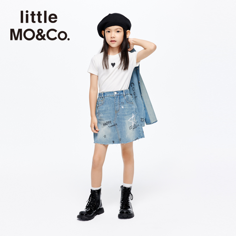 亲子装 little moco童装24夏装新款女童纯棉牛仔短裙毛边半裙儿童 - 图2