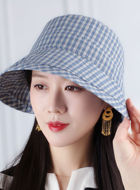 春夏格子翻边抽绳遮阳防晒妈妈帽