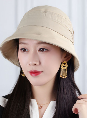 春夏抽绳褶皱圆平顶妈妈布帽