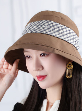 早春甜美格纹撞色折叠渔夫帽妈妈
