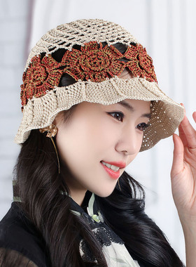 春上新冰丝花朵镂空透气妈妈帽