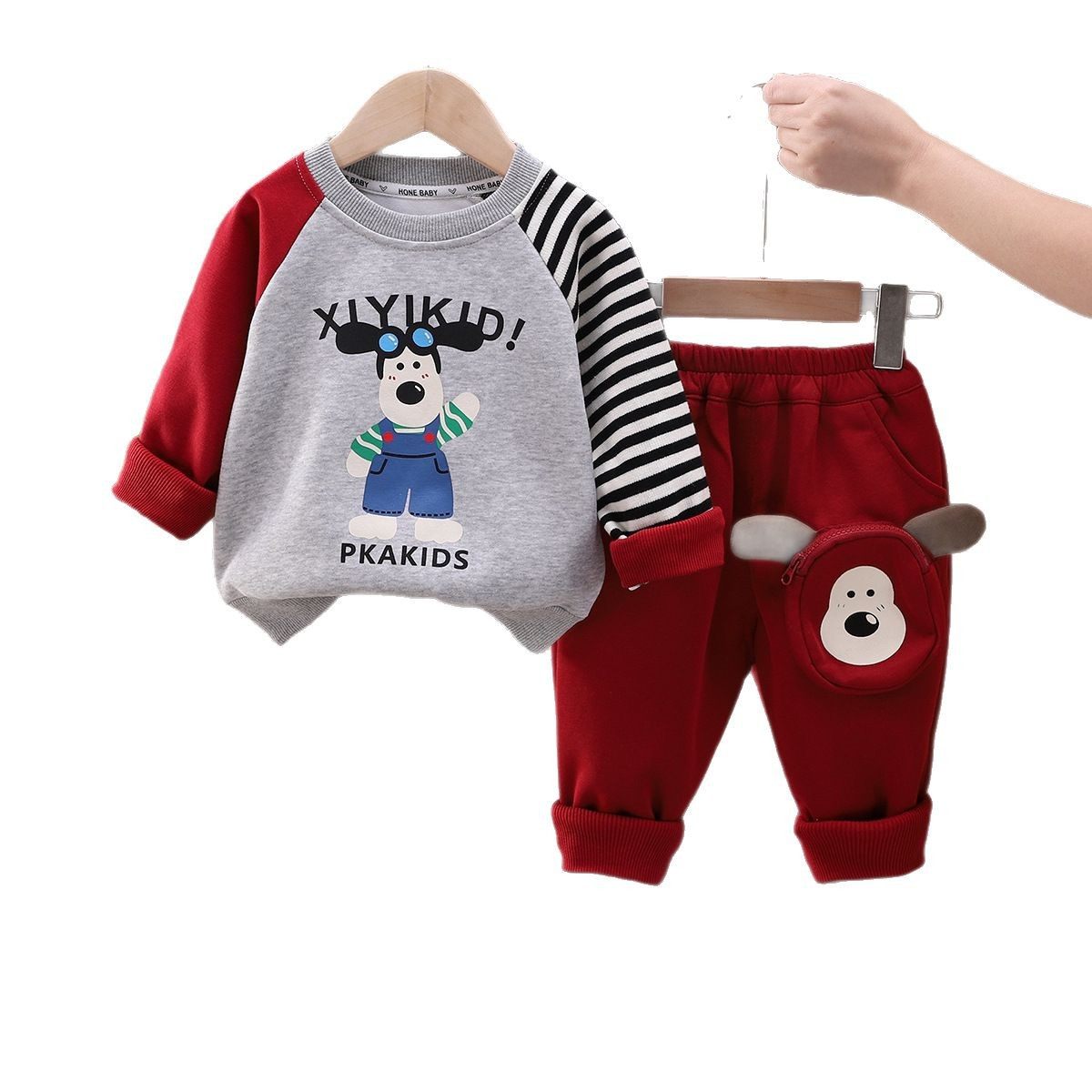 2025春季新款男童女童拼色卡通长袖斜肩衫套装男童卫衣两件套潮服,淘宝优惠券,粉丝福利购,淘宝优惠卷