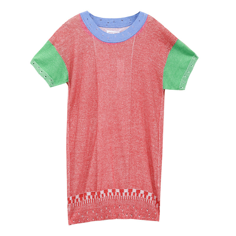 【绢丝棉混纺】阁兰秀夏新品短袖撞色提花针织连衣裙商场同款女装