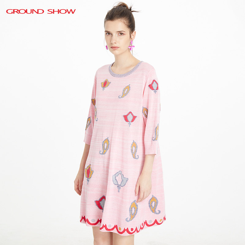 【天丝亚麻混纺】阁兰秀秋新品嫩粉色提花针织连衣裙商场同款女装
