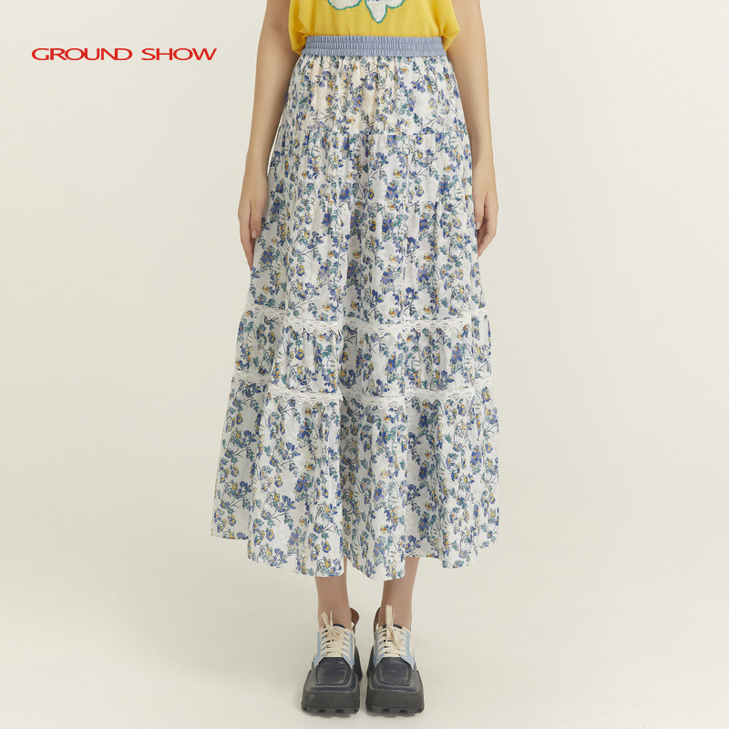阁兰秀春夏蓝色碎花半身裙显瘦浪漫时尚蕾丝边A字裙商场同款女装