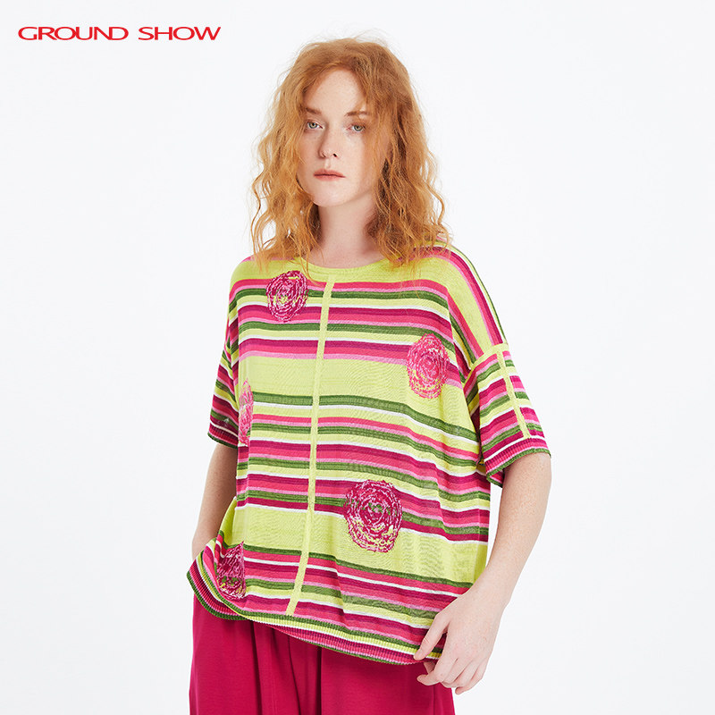 阁兰秀夏季新品短袖间色条纹玫瑰提花针织套头T恤衫商场同款女装