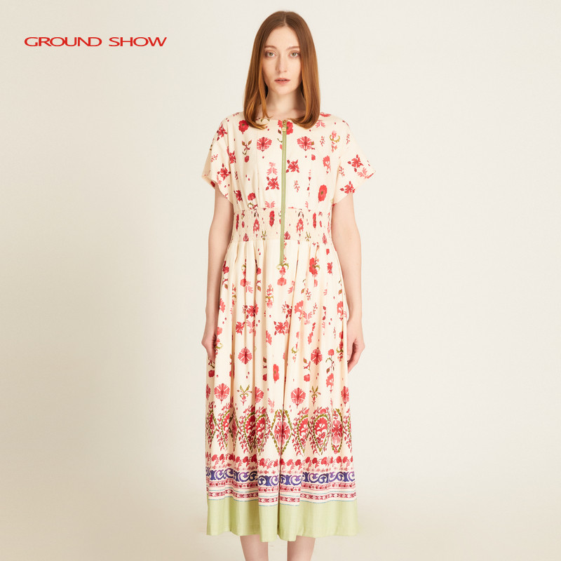 【100%长绒棉】阁兰秀2025夏新品印花纯棉长款连衣裙商场同款女装