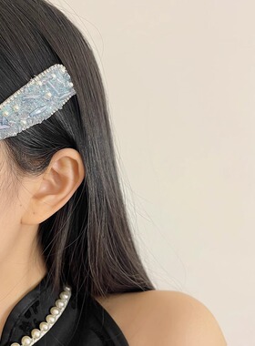 宝石蓝色治愈系闪钻珍珠流苏发夹女精致气质手工水滴浮雕边夹发卡