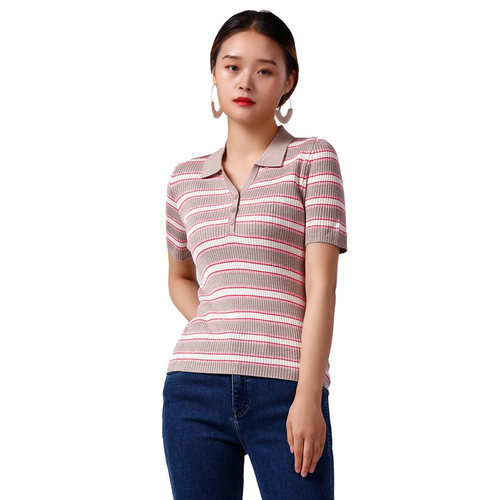 Anlom/娅奴桑蚕丝针织衫女夏镂空修身显瘦条纹薄款真丝V领短袖女 - 图3