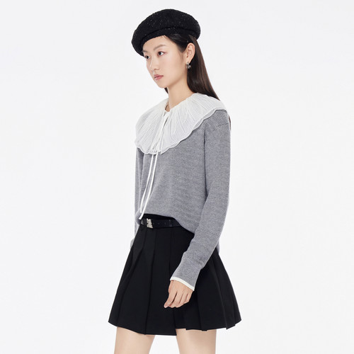 【299元3件】飘蕾灰色荷叶领毛衣女2025春季新款时尚简约减龄休闲 - 图1