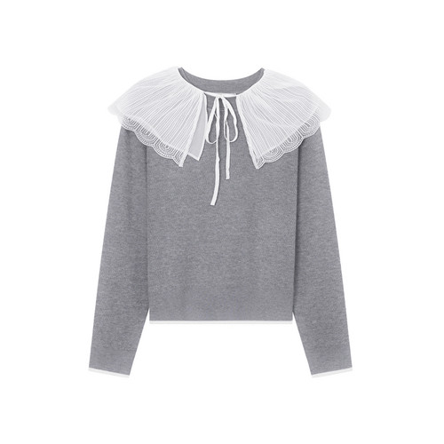 【299元3件】飘蕾灰色荷叶领毛衣女2025春季新款时尚简约减龄休闲 - 图3