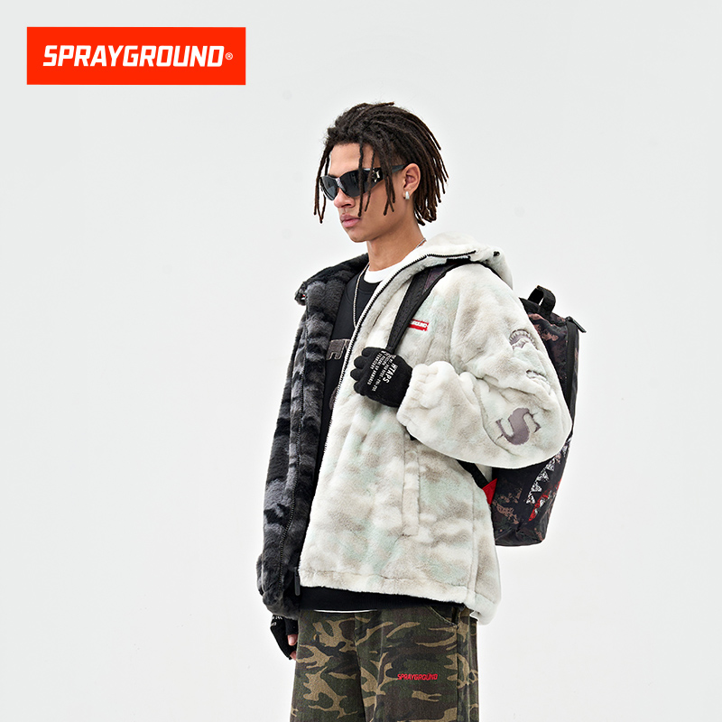 SprayGround2025冬季鲨鱼嘴毛绒棉服外套男连帽保暖高领拼接棉衣 - 图1