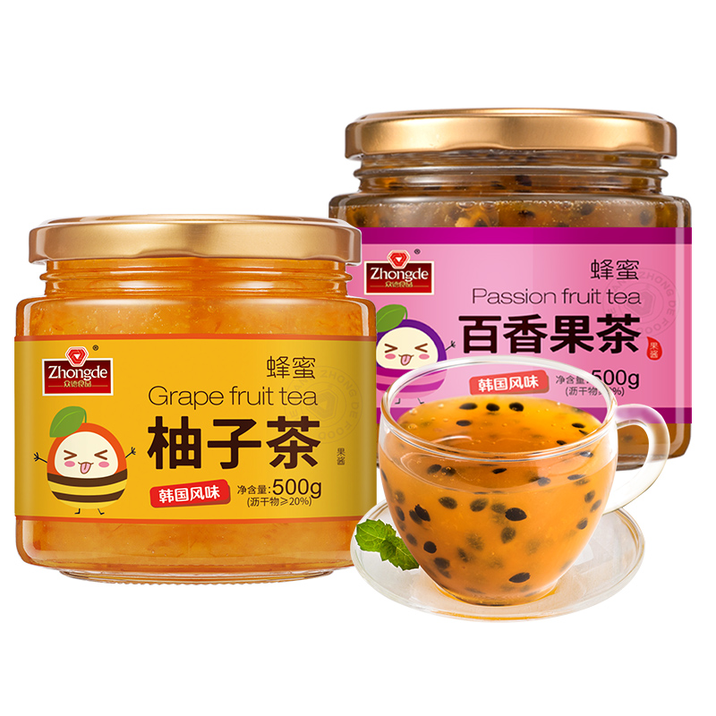 众德食品旗舰店众德蜂蜜百香果柚子茶1kg罐装冲水喝的饮品 泡水冲饮冲泡水果茶酱0