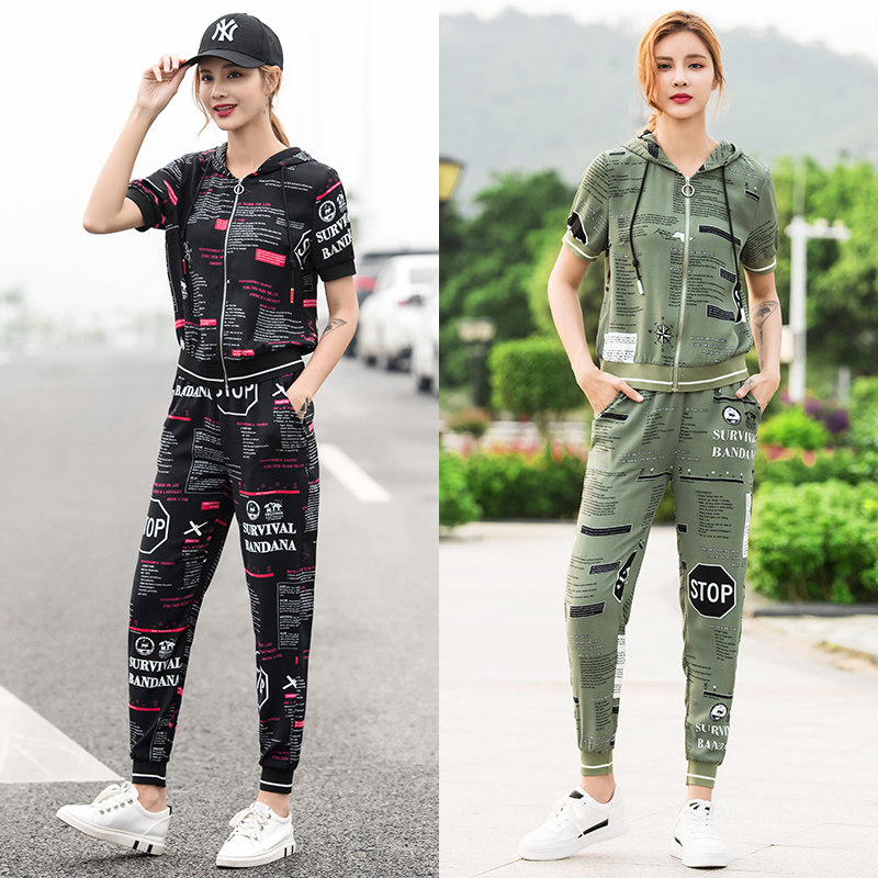 运动印花短袖哈伦女2020夏洋气长裤 西卡芸儿休闲运动套装