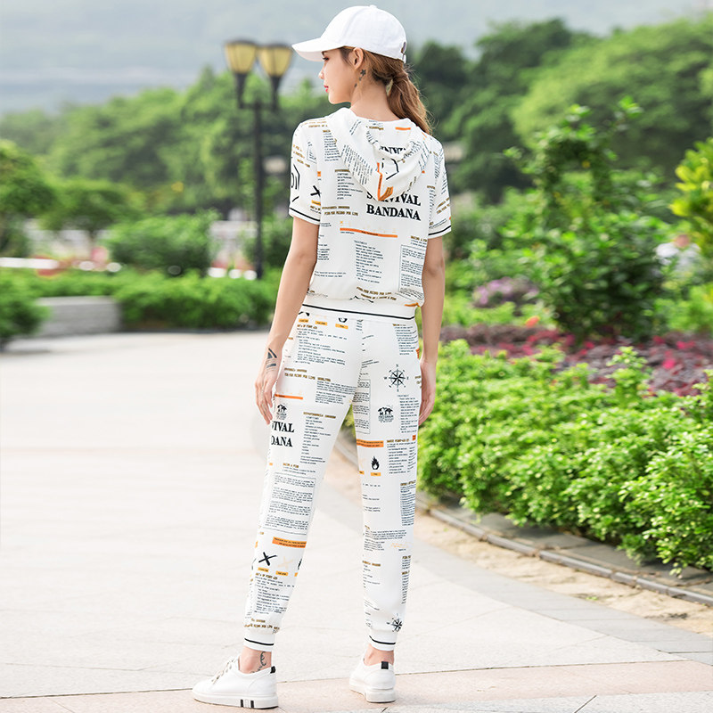 运动印花短袖哈伦女2020夏洋气长裤 西卡芸儿休闲运动套装