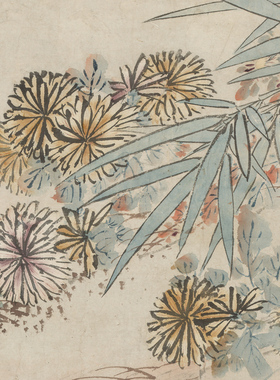 沈周《黄菊丹桂图》中式客厅中堂挂画玄关茶室植物花鸟装饰画高清