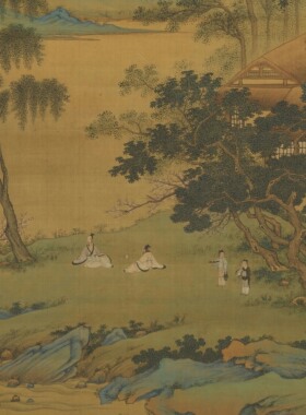 仇英《春山吟赏图》客厅中堂山水挂画玄关茶室书房装饰画国画高清