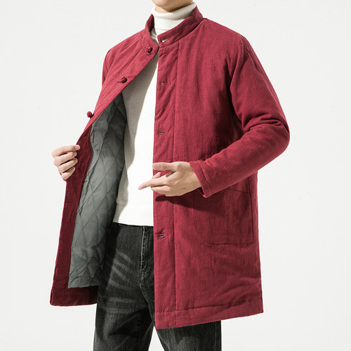 男士加棉加厚中山装外套秋冬季中长款亚麻棉衣中国风大码唐装棉服 - 图1