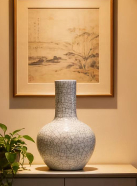 仿古官窑冰裂纹天球瓶景德镇陶瓷花瓶客厅插花博古架书房玄关摆件