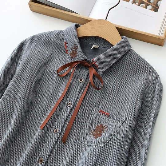 简约百搭高品质双层棉纱小格子衬衣宽松休闲千鸟格刺绣长袖衬衫女