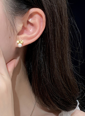 Kitty甜美18k包金蝴蝶结珍珠耳钉女高级感时尚耳饰耳环精致少女感