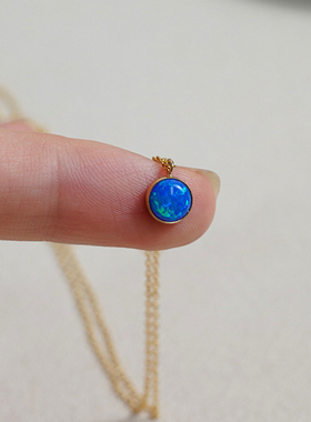 精致手工一颗蓝绿色宝石 18K镀金不褪色锁骨链项链欧美ins叠戴