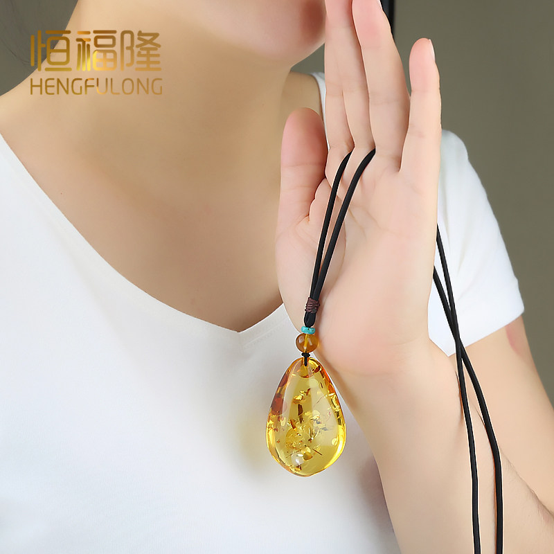 恒福隆天然花珀吊坠大水滴形挂件女款波罗的海琥珀随形裸石毛衣链