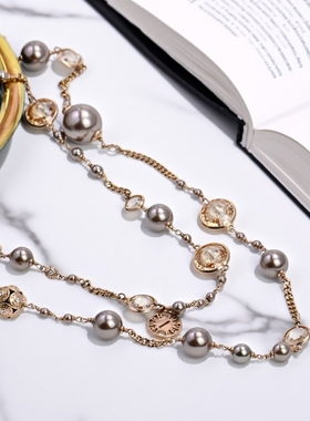 小众轻奢奢华百搭hb曼哈顿潮品水晶孤品镶嵌珍珠高级质感长款项链